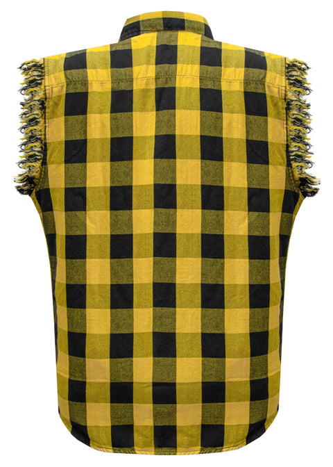 Dream Apparel Men's Sleeveless Flannel Shirt Black & Yellow Sleek Design Cotton Shirt Frayed Sleeves