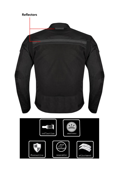 Men’s Mesh Motorcycle Jacket with Removable Armor, Reflective Trim, Zip-Out Lining, Adjustable Cuffs