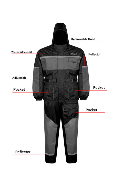 Dream Apparel Waterproof Rain Suit for Men, 2-Piece Motorcycle Rain Gear with Hood Reflective Strips