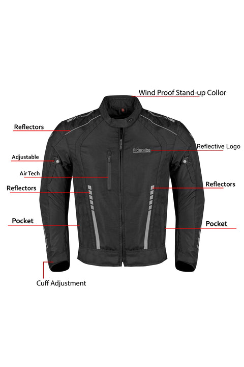 Men's 600D Polyester Motorcycle Jacket Waterproof & Breathable with Removable 75gm Thermal Liner CE