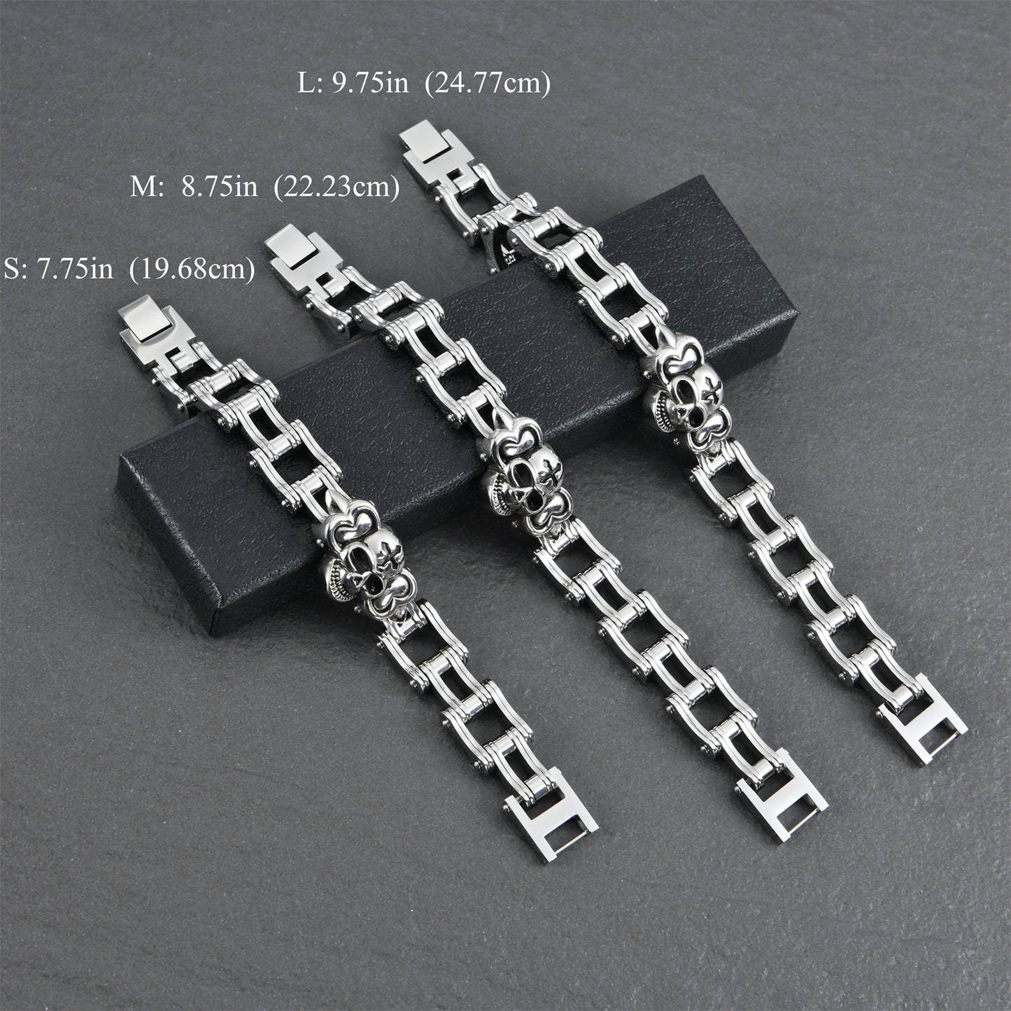 Mens Stainless Steel Chain Bracelet with Pirate Skulls, Fashionable Retro Style, Masculine, for Motorcycle and bicycle enthusiasts, 7.5-9.75 Inches(With Gift Box)