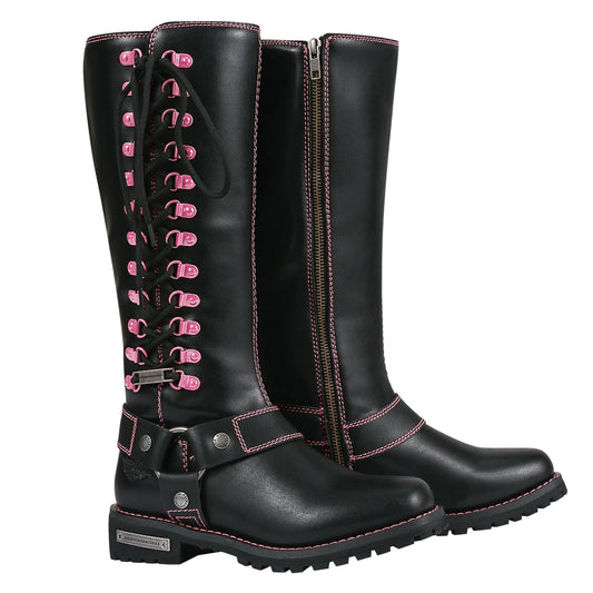 Milwaukee Riders® Women Biker Long Boots with Pink Laces