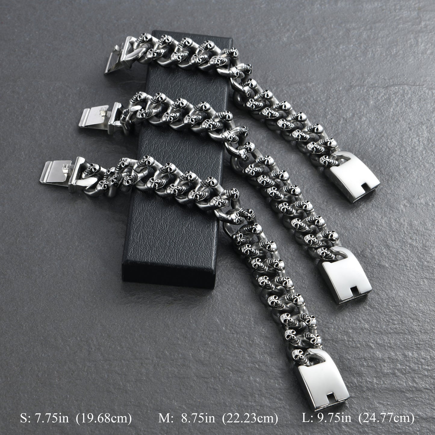 Mens Stainless Steel Chain Bracelet with Pirate Skulls, Fashionable Retro Style, Masculine, for Motorcycle and bicycle enthusiasts, 7.5-9.75 Inches(With Gift Box)