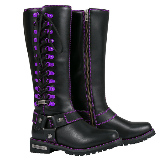 Milwaukee Riders® Women Biker Long Boots with Purple Laces