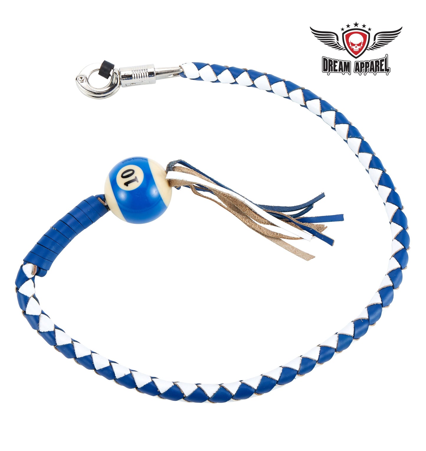 White And Blue Fringed Get Back Whip W/ Pool Ball